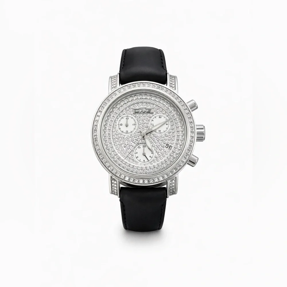 Stainless Steel Watch with Black Leather Strap